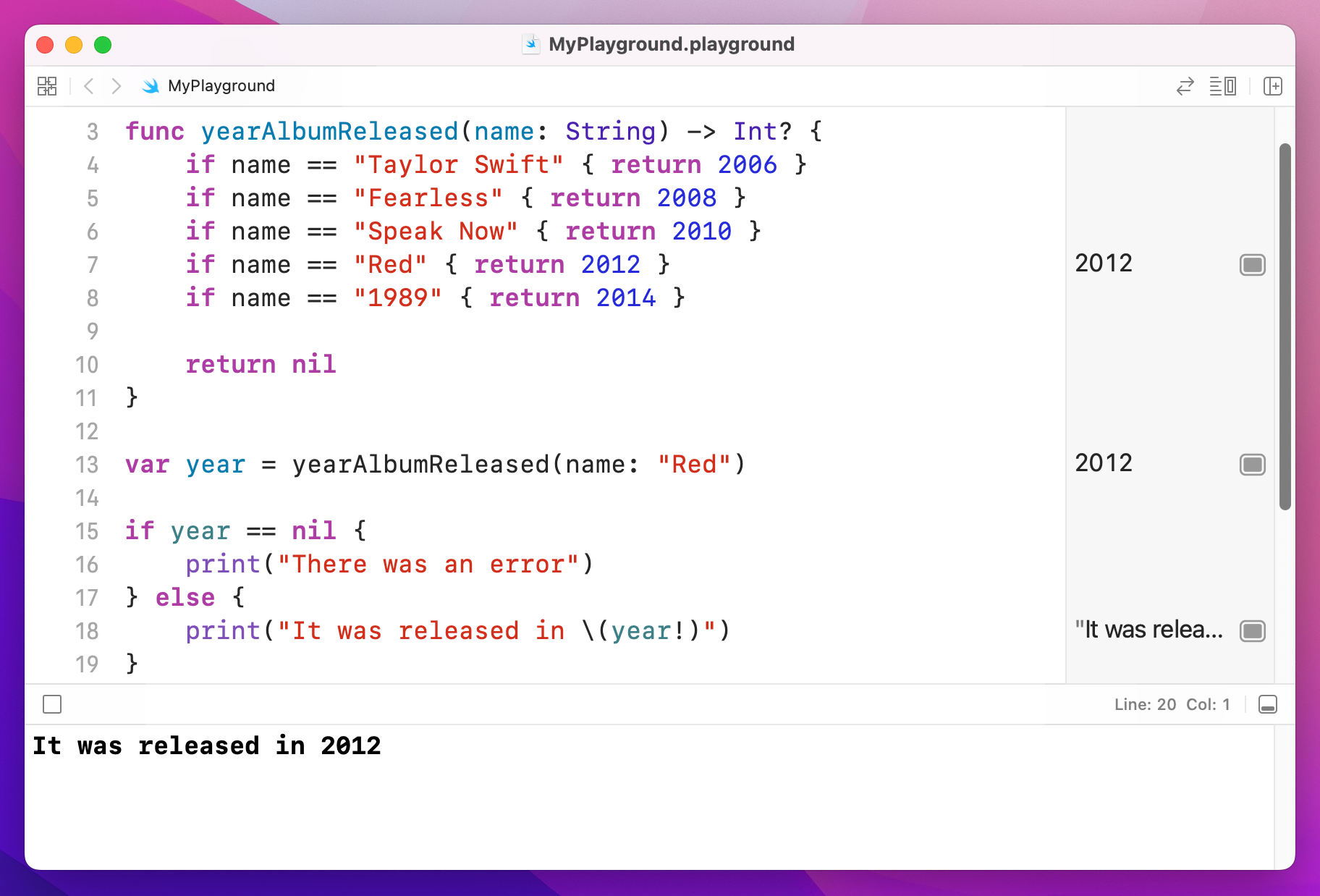 Force unwrapping removes Swift's warning, and prints 2012 instead.