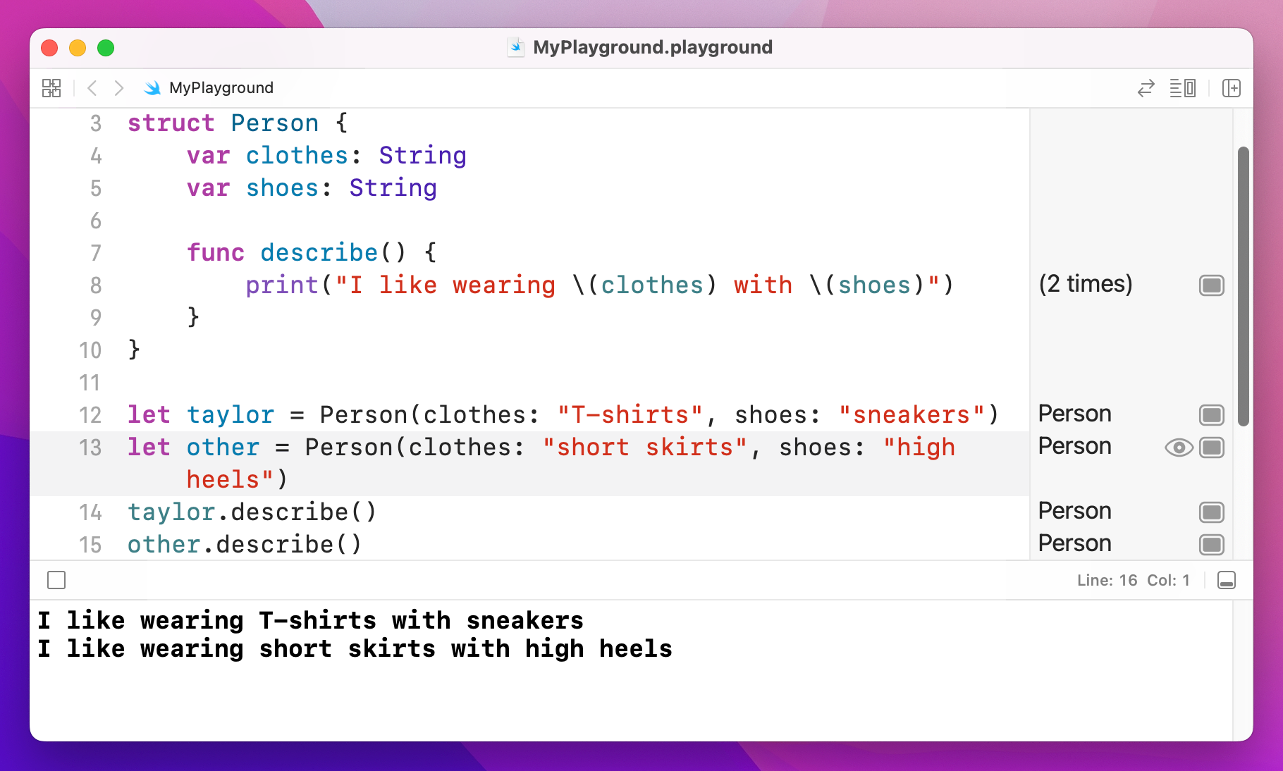 `describe` automatically uses object's property values.