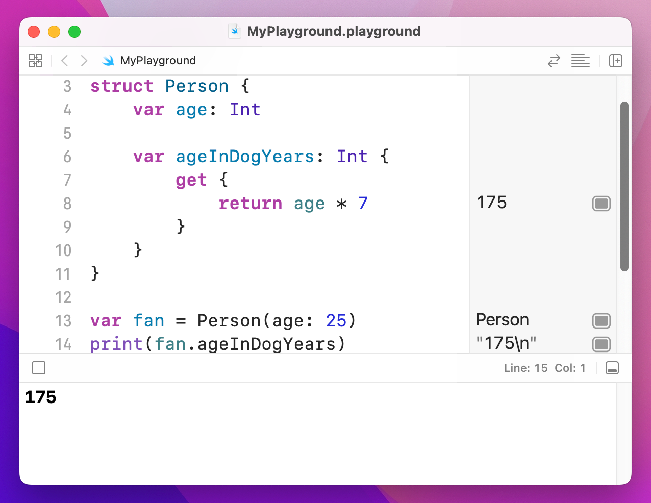 `ageInDogYears` is computed using the `get` code, printing 175.