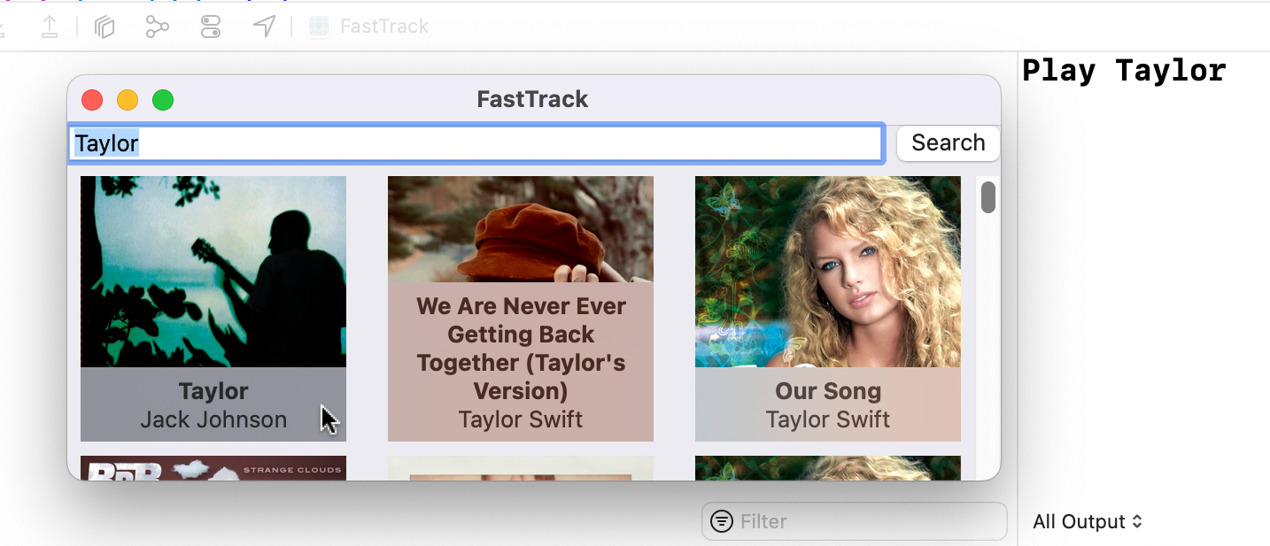 A grid of album covers, with a frosted glass rectangle along the bottom of each containing info text. Clicking a cover imperceptibly changes the text color, and prints “Play [album]” to the console.