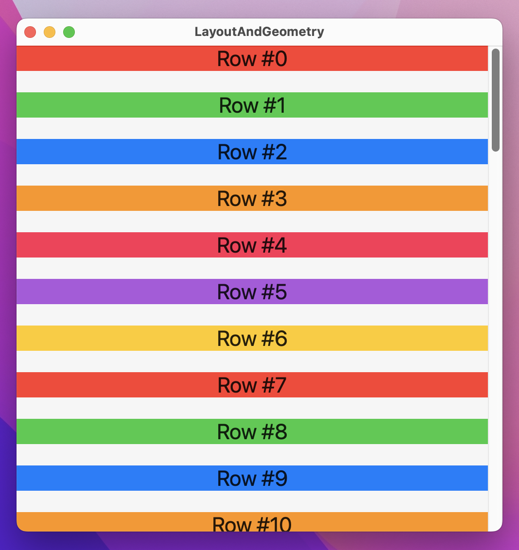 A list with rows having various background colors.