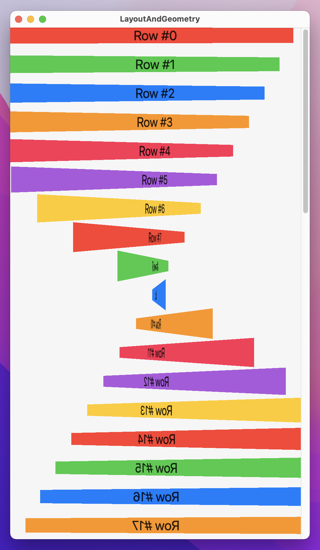 A list with a 'helix' effect where rows rotate around the vertical axis as they go down. The center row is rotated almost 90 degrees.