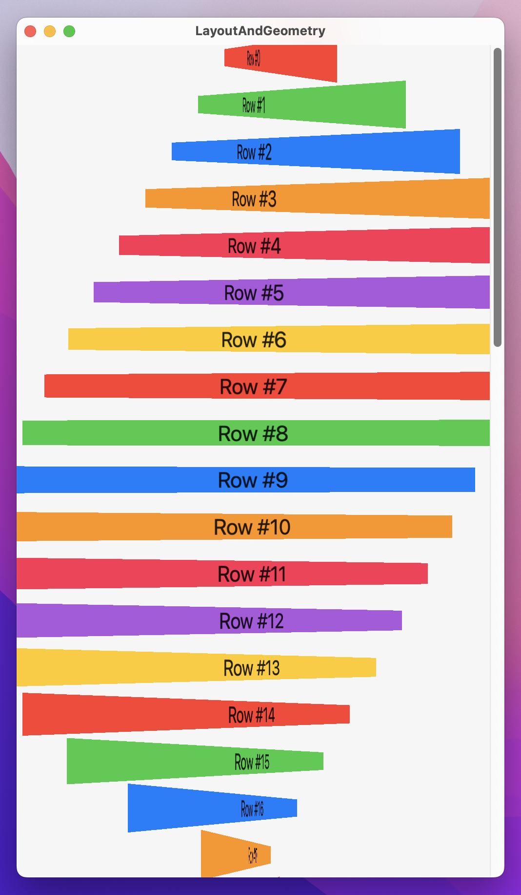 A list with a 'helix' effect where rows rotate around the vertical axis as they go down. The center row is rotated almost 0 degrees.