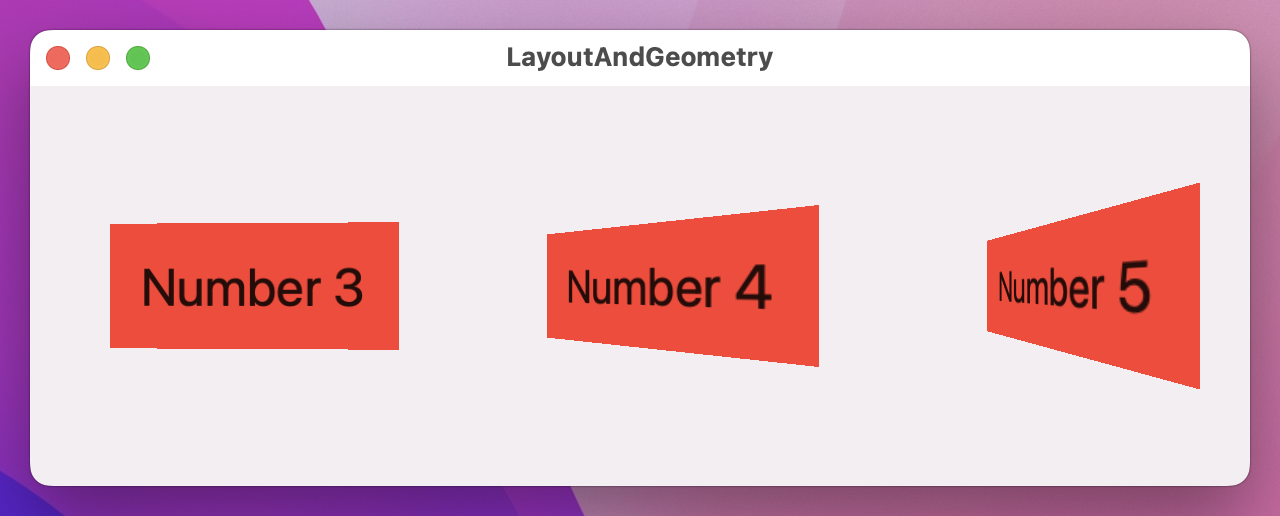 A horizontal list of red rectangles with a 'cover flow' effect, where items rotate around the vertical axis as they scroll.