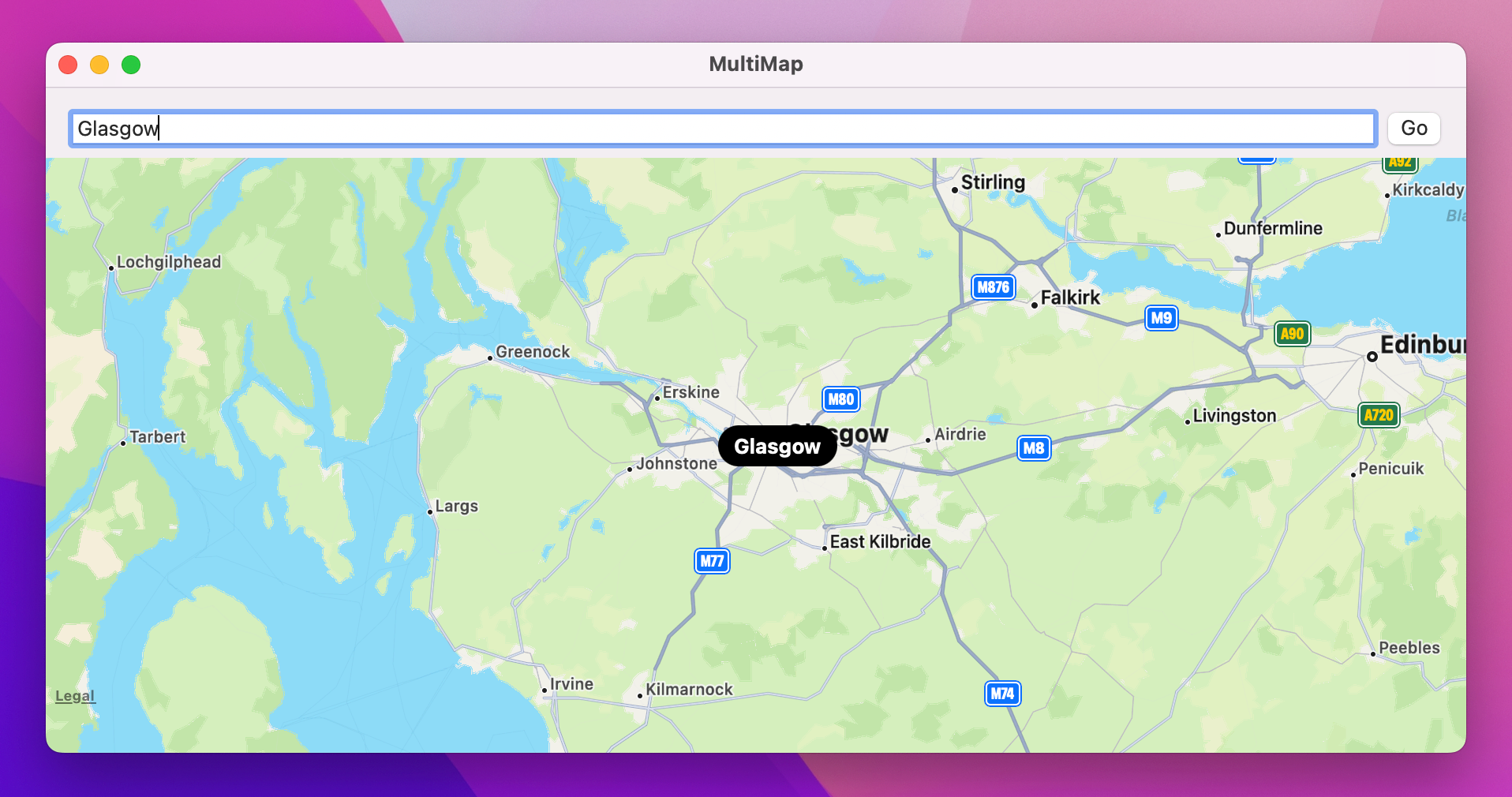 A map centered on Glasgow, which is labelled with a black capsule.
