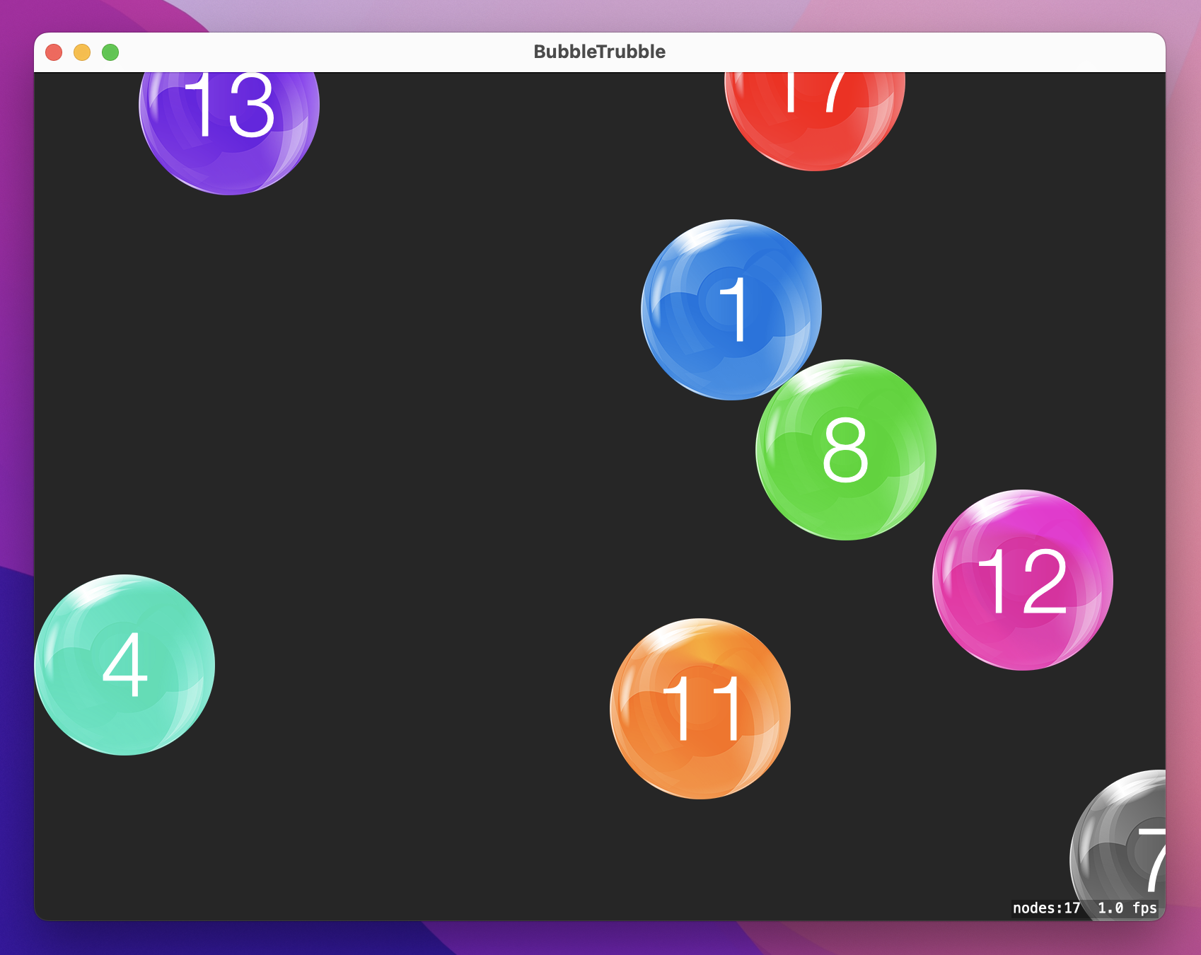 A window with dark gray background, containing colorful bubbles labelled with various numbers. In the window's bottom right is 'nodes: 17 1.0fps'.