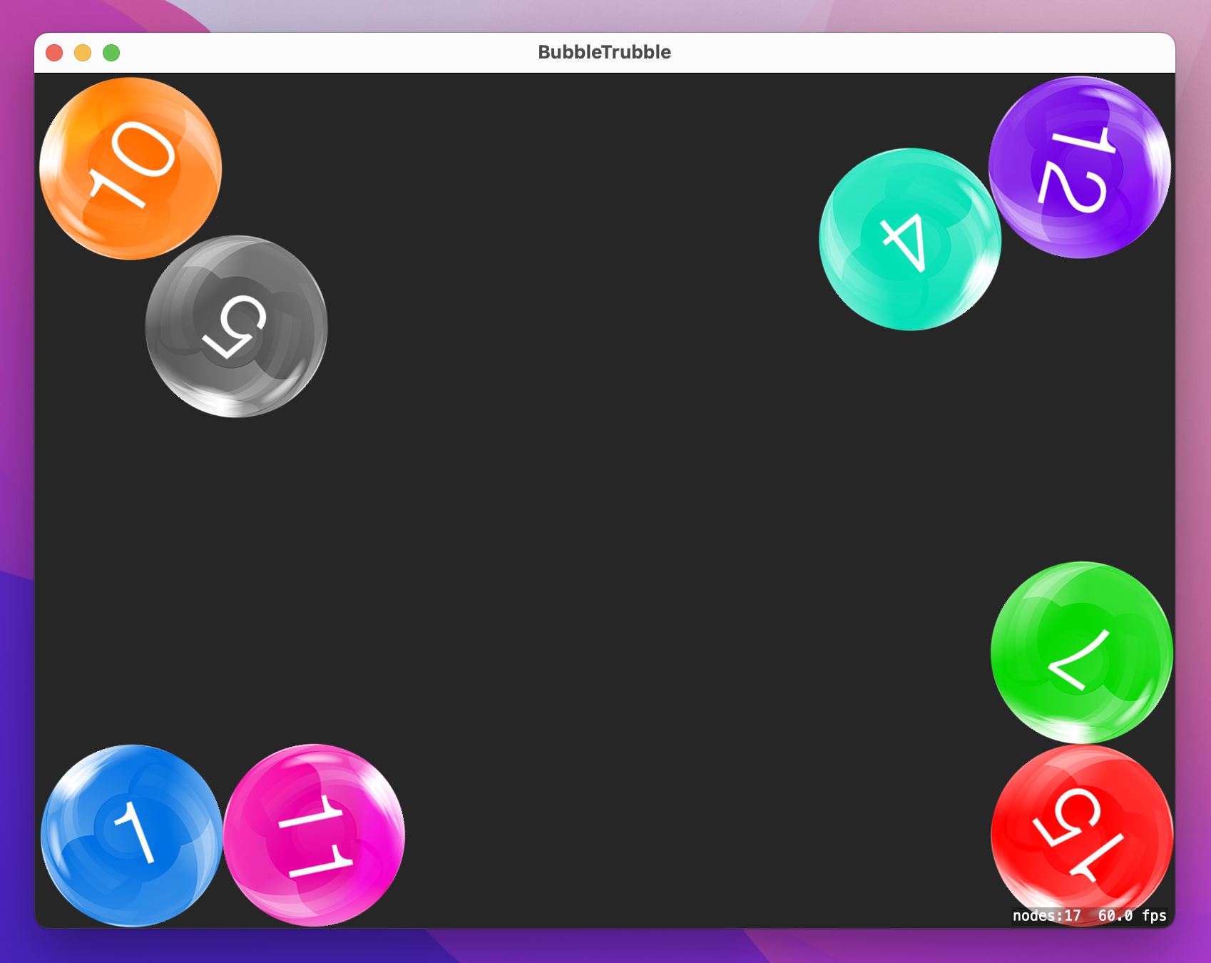 The colorful bubbles are clustered in the window's corners, and rotated at various angles. fps is 60.0.