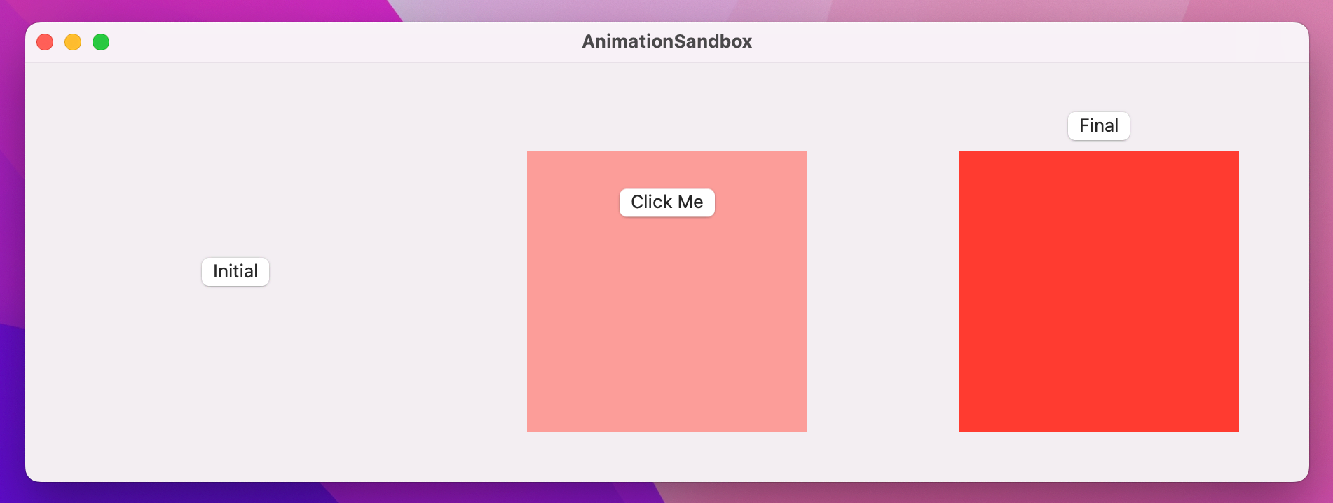 A button reading Click Me, in the process of moving upwards while a red square fades in.