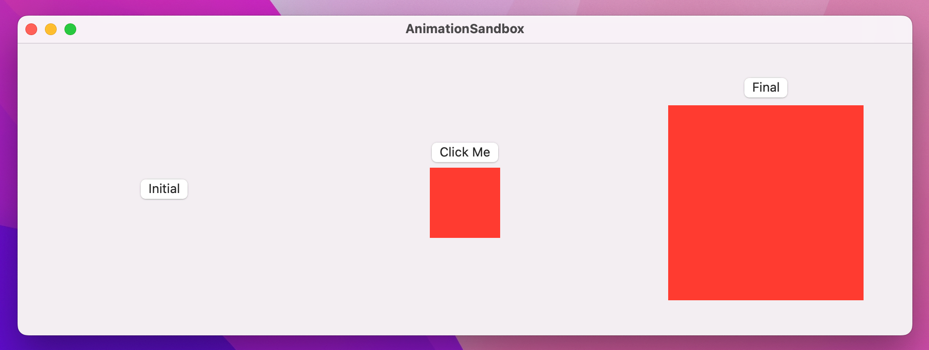 A button reading Click Me, in the process of moving upwards while a red square scales up.