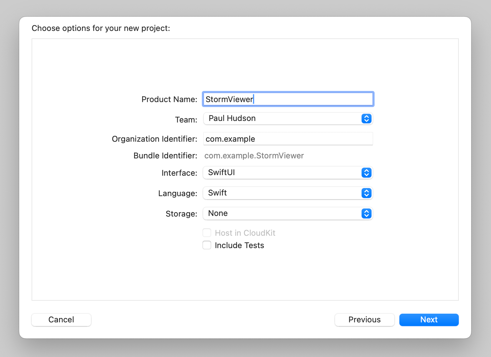 What setup should look like. Organization ID is “com.example”, with SwiftUI and Swift for Interface and Language respectively.