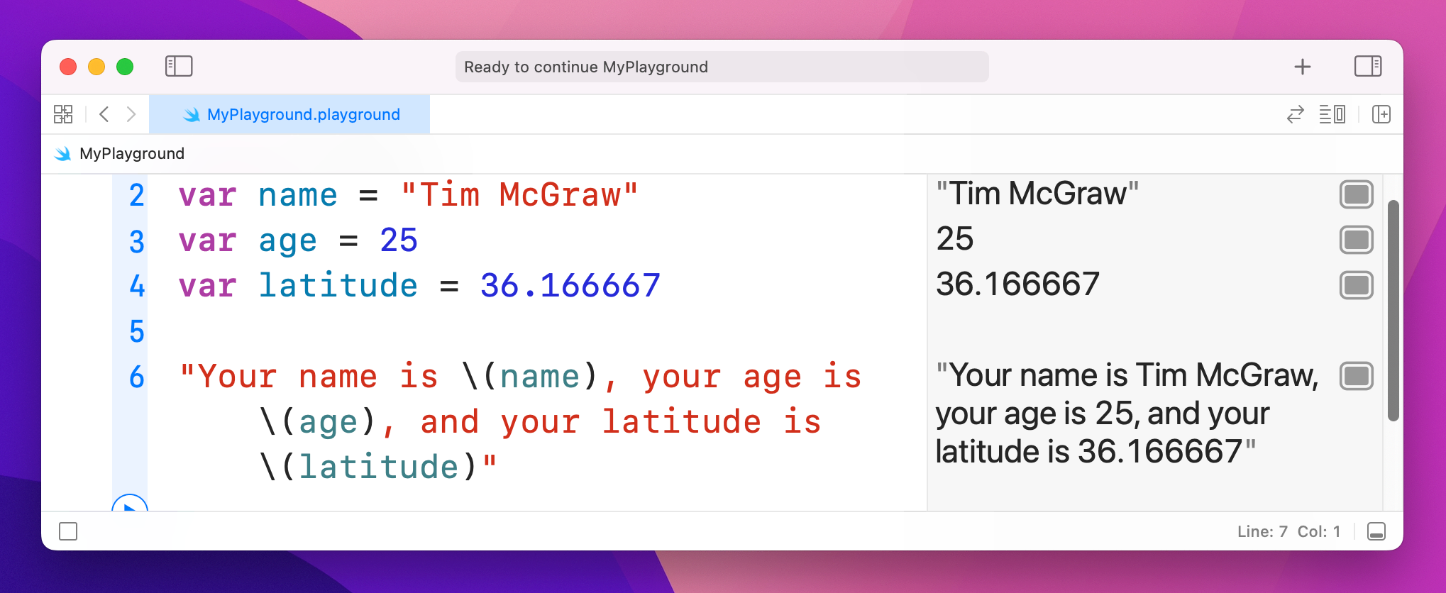 Interpolating a String, Int, and Double.