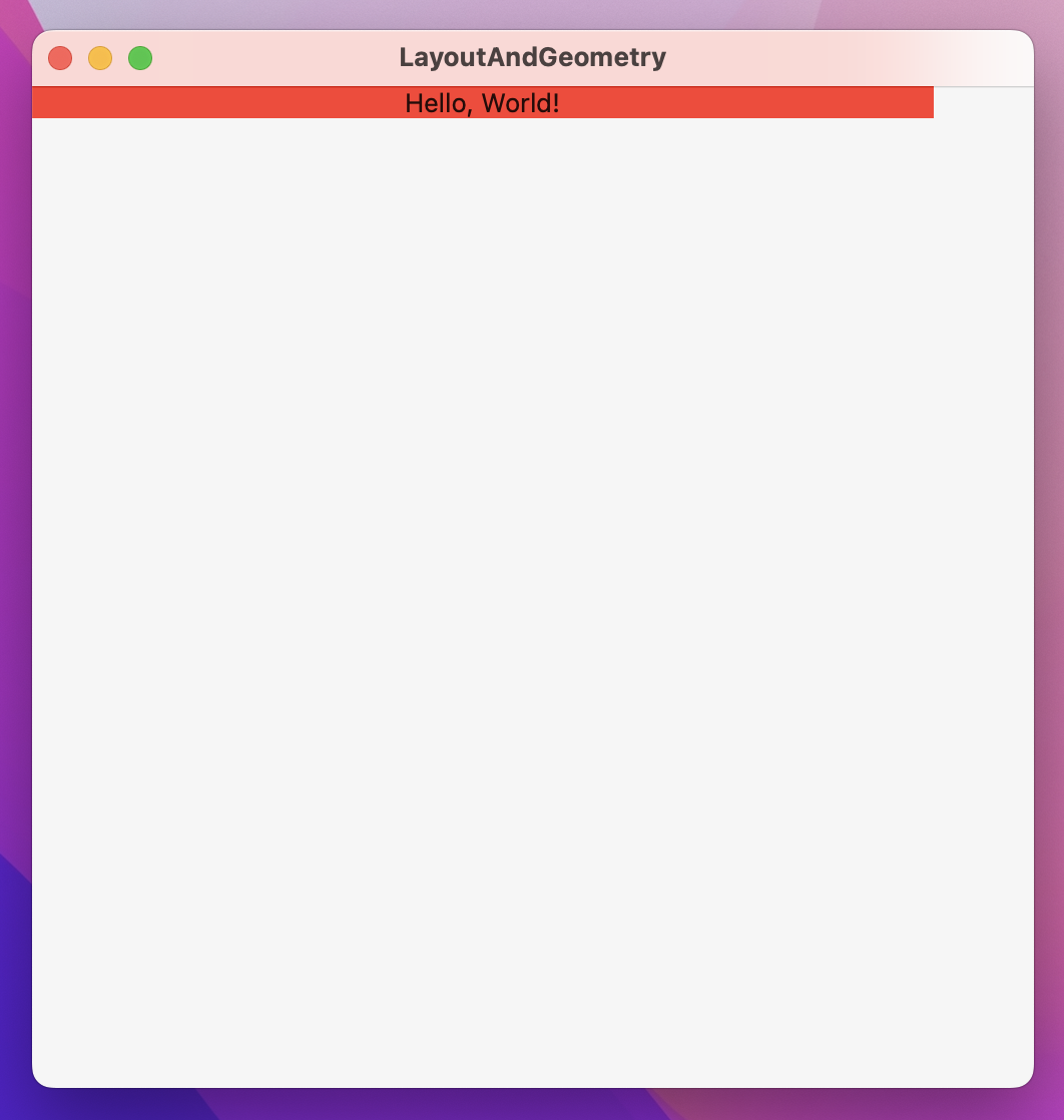 A square window with 'Hello, World!' on a red rectangle along its top edge. The rectangle takes up most of the window's width.