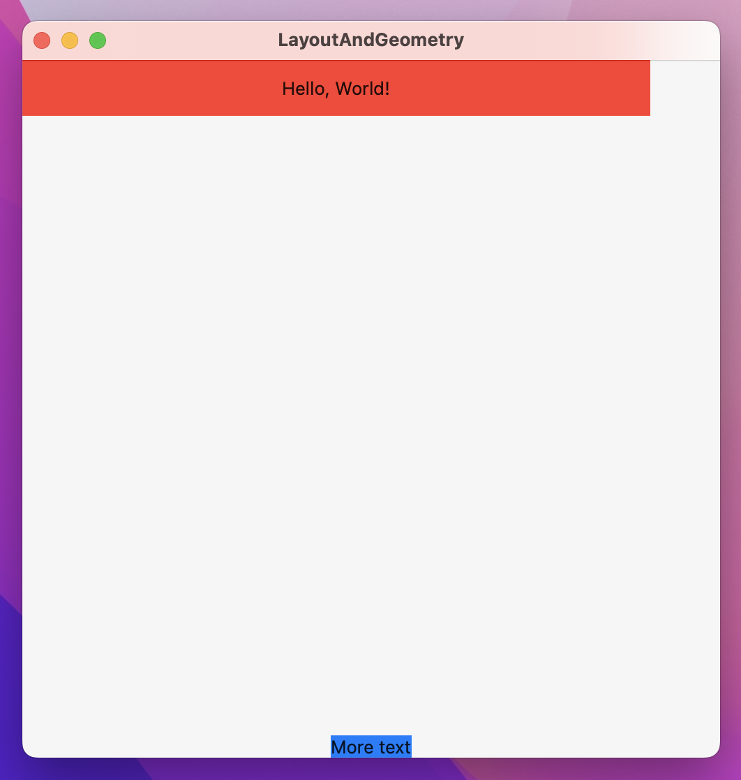 A square window with 'Hello, World!' on a red rectangle along its top edge. The red rectangle takes up most of the window's width. 'More text' on a blue rectangle sits along the center of the window's bottom edge.