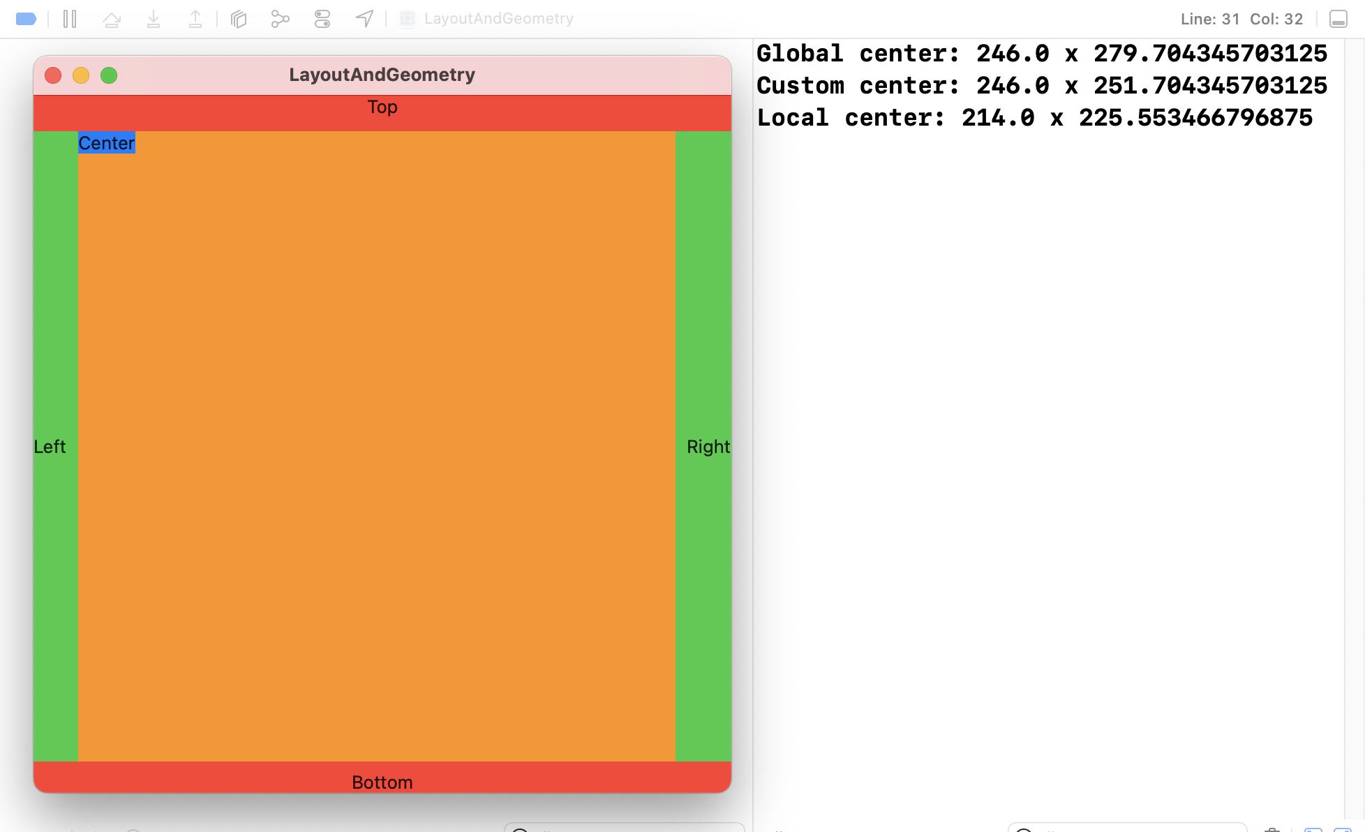 A square window with top and bottom edges highlighted in red, left and right in green, and center in blue. 3 coordinates are printed to the console.