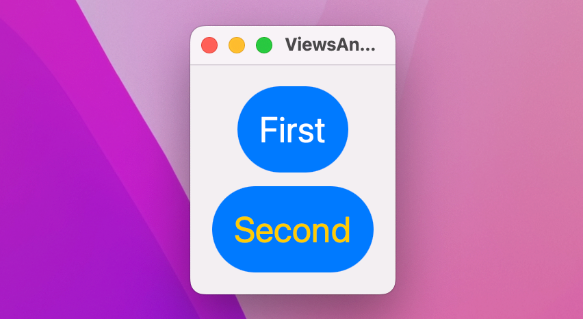 Two blue pill shapes, stacked vertically. The top one says First in white, the bottom one says Second in yellow.