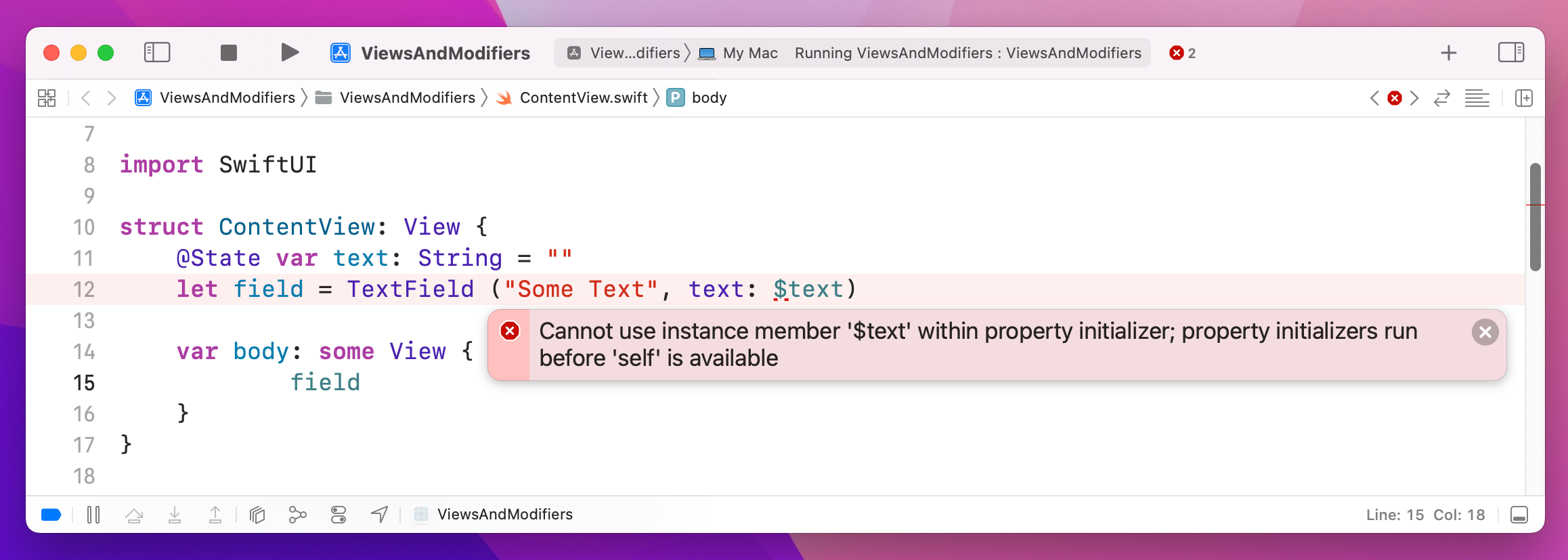 Trying to store a `TextField` bound to a local `@State` string causes a compile error.